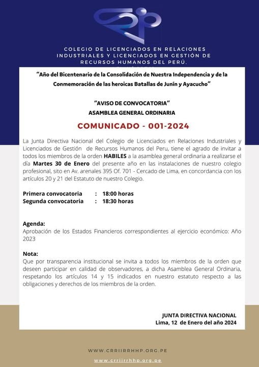 CRRIIRRHHP – Comunicado 001-2024